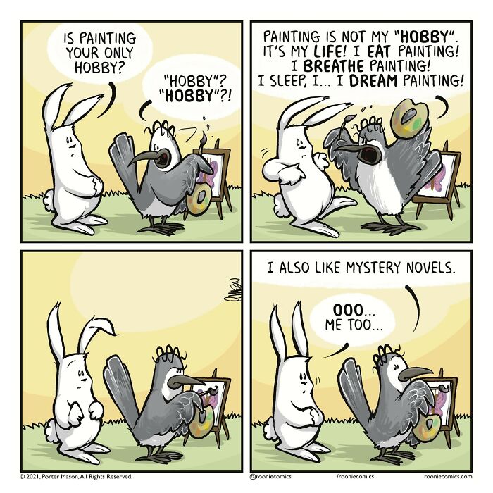 Comic strip featuring cute characters sharing uncomfortably accurate feelings about painting as more than a hobby.