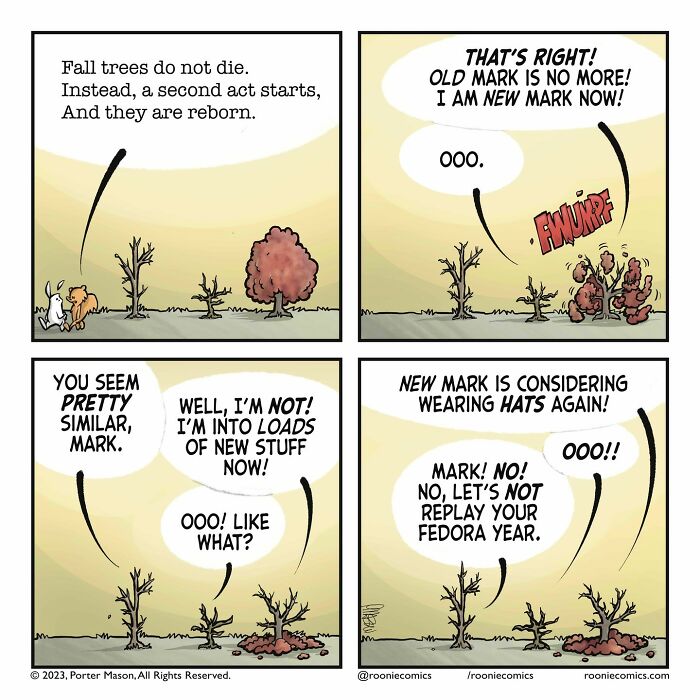 Comic series with cute characters showing changing trees and uncomfortably accurate feelings through dialogue and visuals.