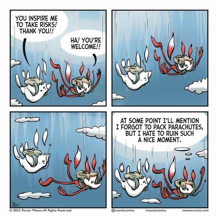 Two cute characters skydiving, sharing uncomfortably accurate feelings about forgetting parachutes but enjoying the moment.