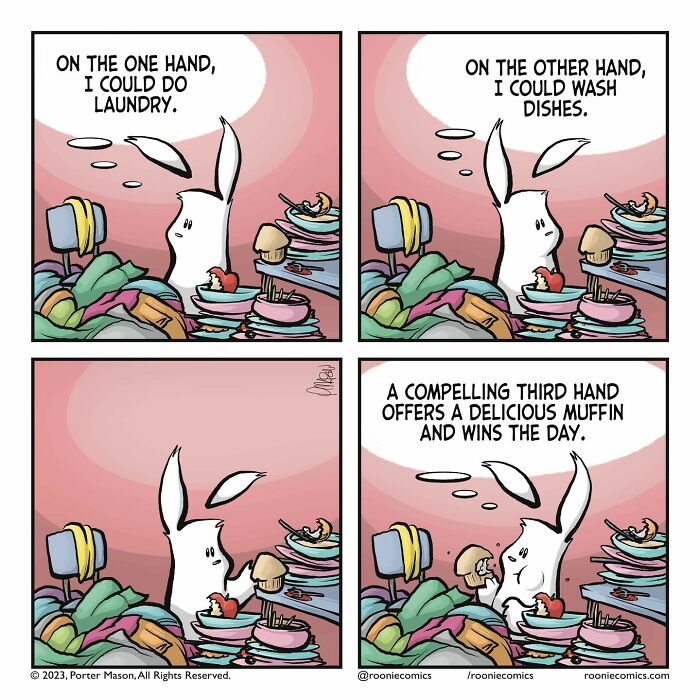 Comic series scene with a cute character facing chores, showing uncomfortably accurate feelings about choosing tasks.