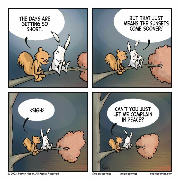 Comic series with cute characters sitting on tree branch, sharing uncomfortably accurate feelings about changing seasons.