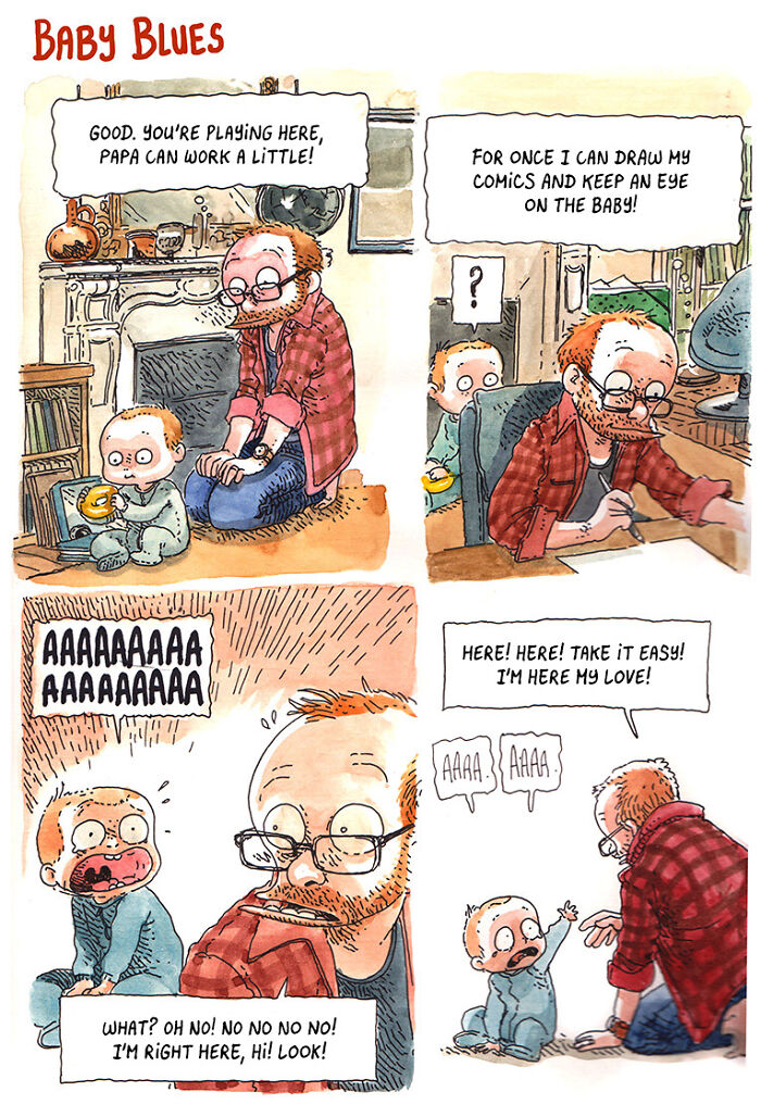 Comic strip illustrating the chaos of kids and time, with Boulet&rsquo;s daily life comics capturing parenting and a restless brain.