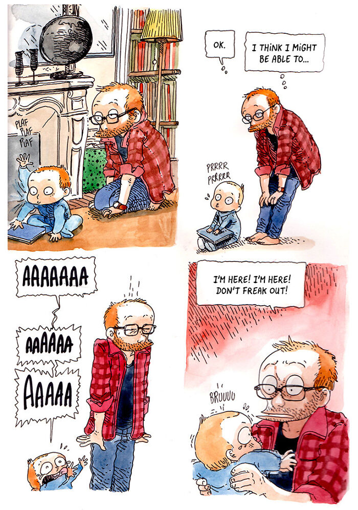 Comic strip showing chaotic moments between a dad and his child, illustrating kids, time, and a restless brain.