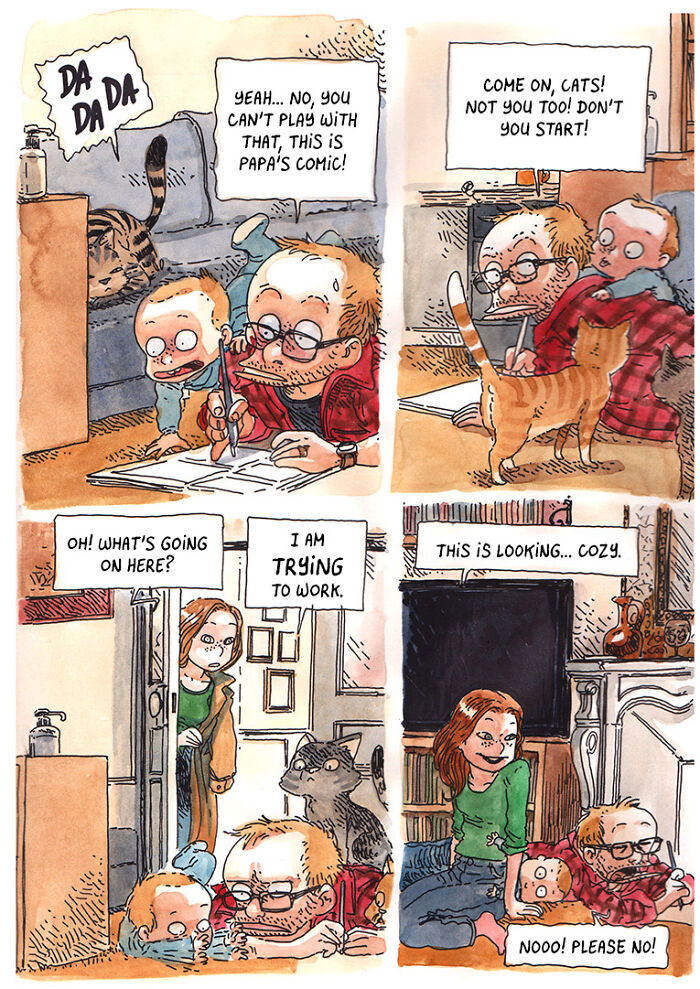 Comic scene showing the chaos of kids, cats, and a distracted dad trying to work in daily life comics style.