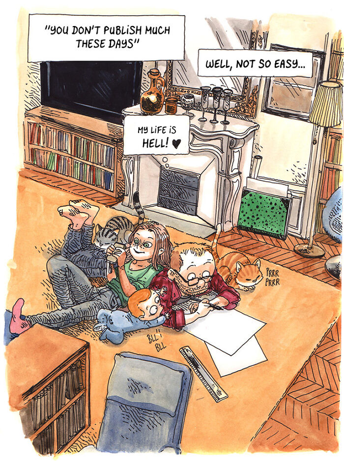 Boulet&rsquo;s daily life comics showing chaotic kids, a cluttered room, and a stressed artist trying to focus on drawing.