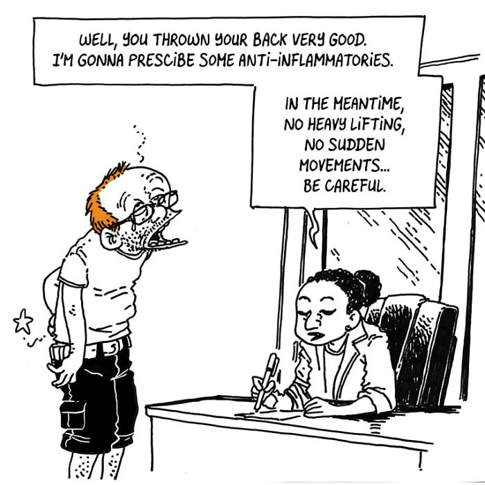 Cartoon illustrating chaos of kids and a brain that won&rsquo;t chill, showing a man visiting a doctor for back pain advice.