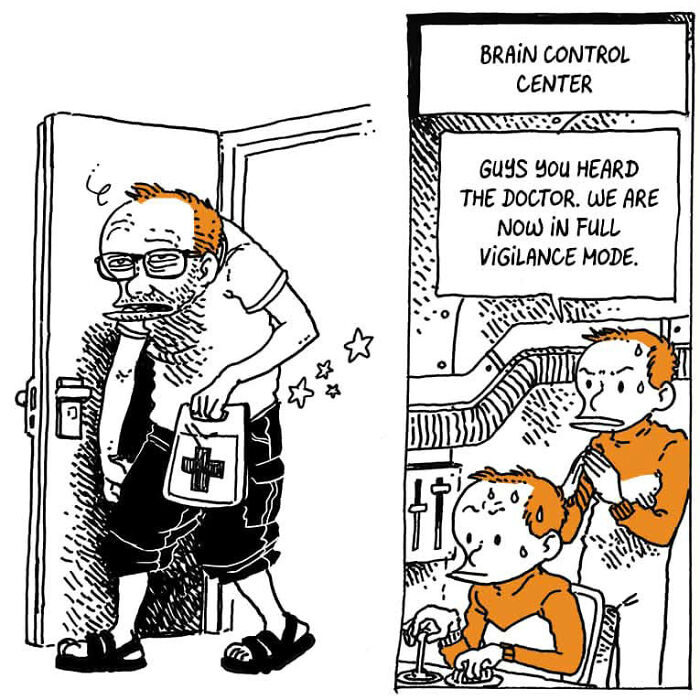 Comic panel showing chaos of kids and a stressed brain with a brain control center in full vigilance mode.
