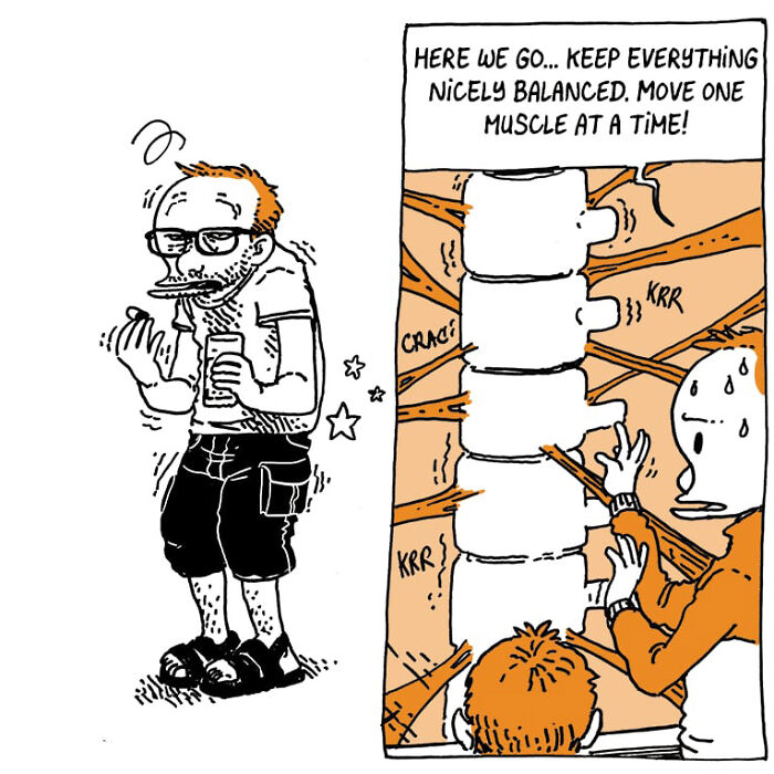 Comic strip illustrating chaos of daily life with kids and a stressed brain balancing tension in a humorous style.