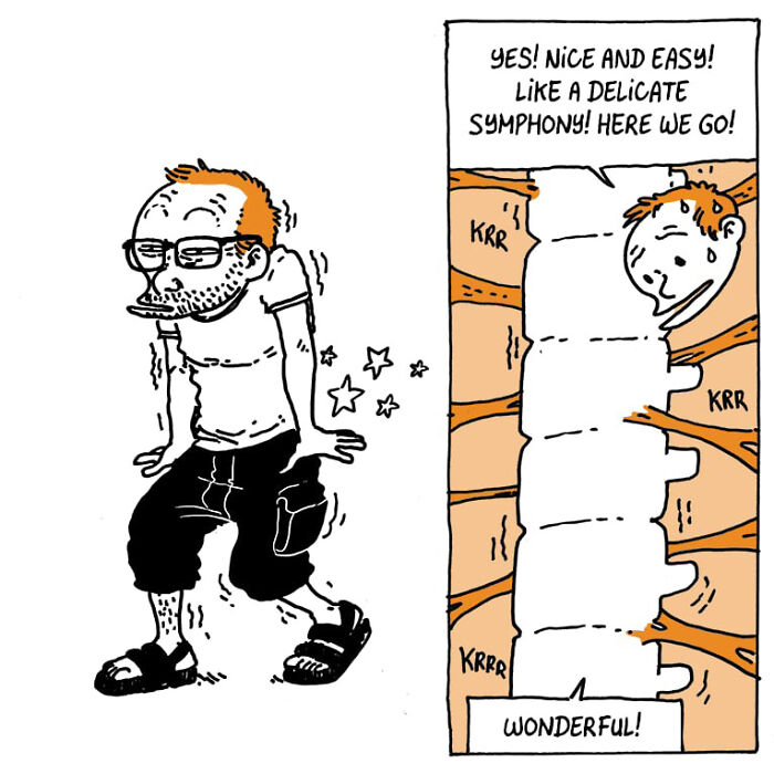 Comic illustration of a man experiencing chaos and a brain that won&rsquo;t chill in daily life with kids.