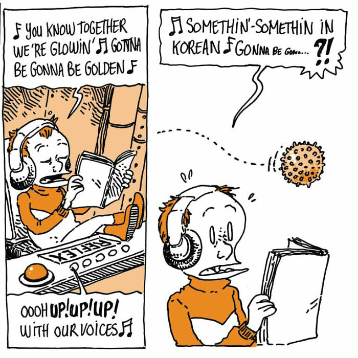 Comic panel shows a child with headphones reading a book, capturing the chaos of kids, time, and a brain that won&rsquo;t chill.