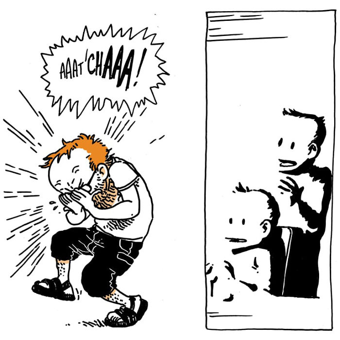 Comic panel showing a man sneezing loudly with two kids peeking from behind a door, capturing chaos of kids and daily life.