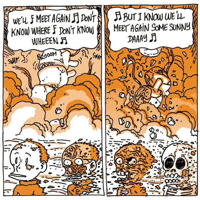 Comic panels from Boulet&rsquo;s daily life comics showing chaotic scenes with kids, time, and a restless brain in an orange and white style.