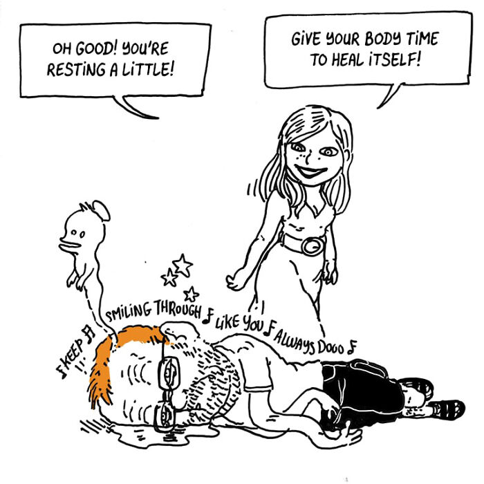 Comic illustration showing daily life chaos with kids and a stressed character urged to rest and heal over time.