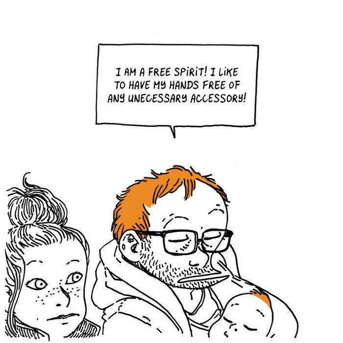 Comic panel showing a man with glasses holding a baby beside a woman, capturing chaos of kids and daily life.