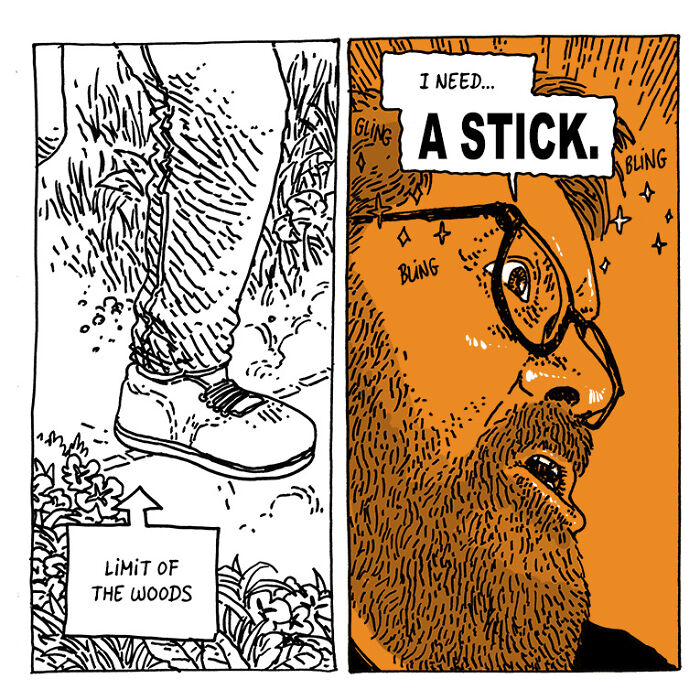 Man with glasses in a comic panel expressing the need for a stick, capturing the chaos of kids and a restless brain.