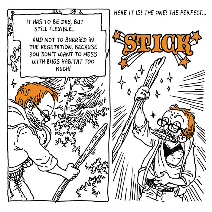 Comic panel shows a man carefully selecting the perfect stick, capturing daily life chaos of kids and an overactive brain.