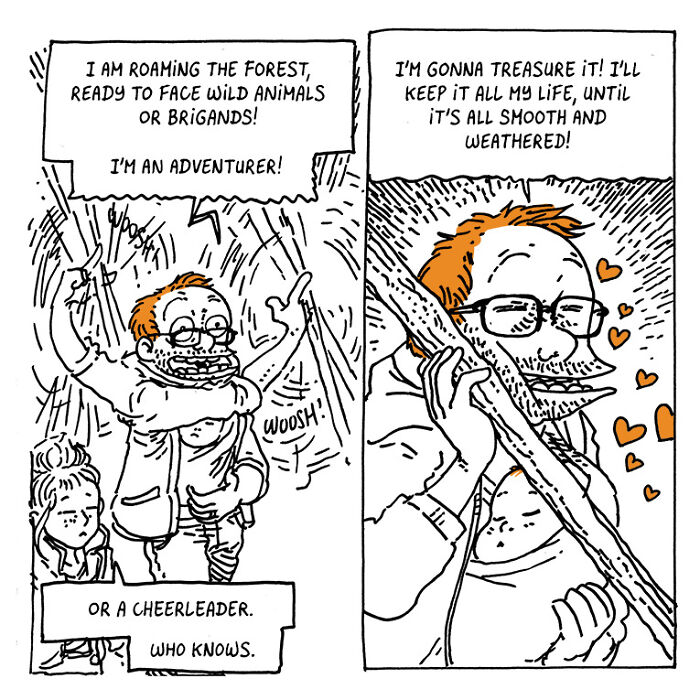 Boulet&rsquo;s daily life comic showing chaotic family moments and a dad treasure hunting with his child and a large stick.