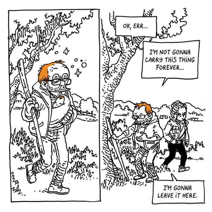 Comic illustration by Boulet showing a chaotic moment with kids and a restless brain in daily life.