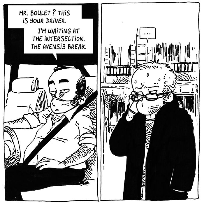 Comic panel showing Boulet in daily life, capturing the chaos of kids, time, and a brain that won&rsquo;t chill.