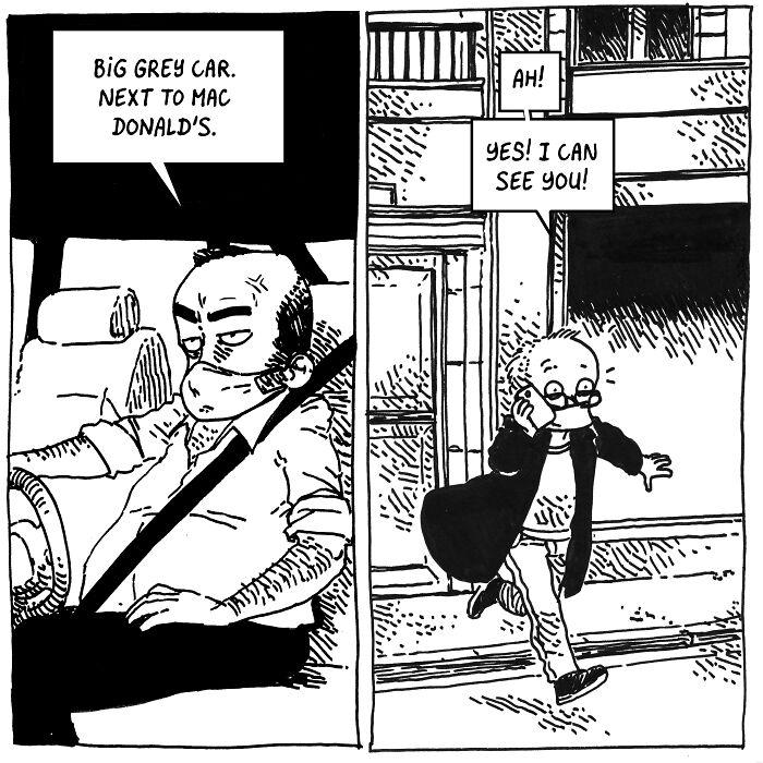 Black and white comic panels showing chaotic moments of daily life with kids and a busy brain in Boulet&rsquo;s style.