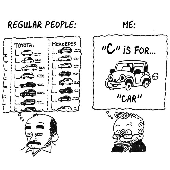 Illustration from Boulet&rsquo;s daily life comics showing different thoughts about cars, capturing the chaos of kids and a busy brain.