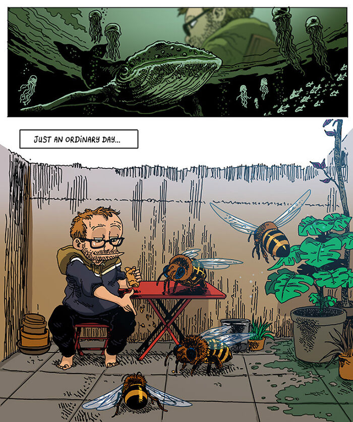 Comic panel showing a man surrounded by large bees, illustrating chaos and daily life in Boulet&rsquo;s comics style.