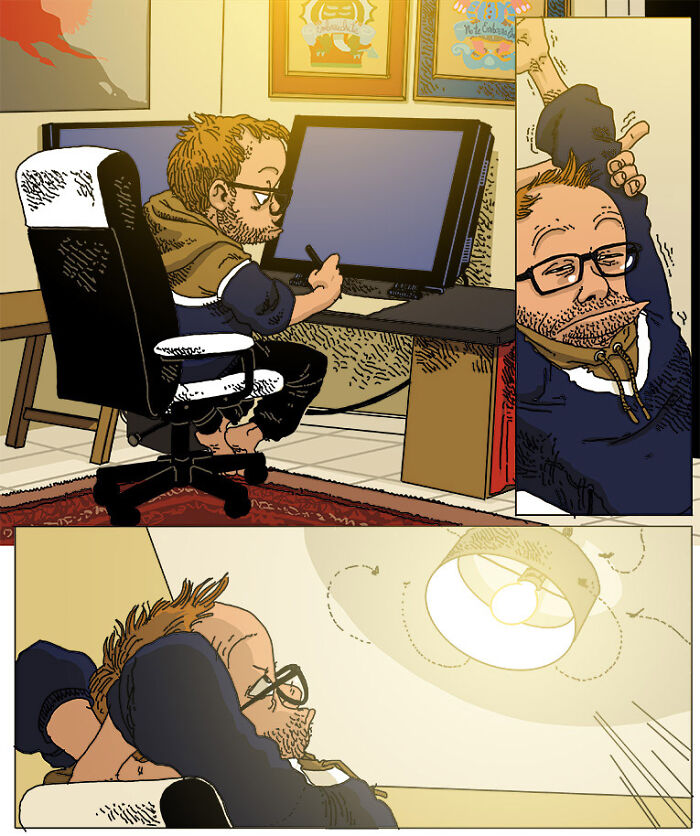 Cartoon of a man working at a desk and stretching, capturing the chaos of kids, time, and a restless brain.