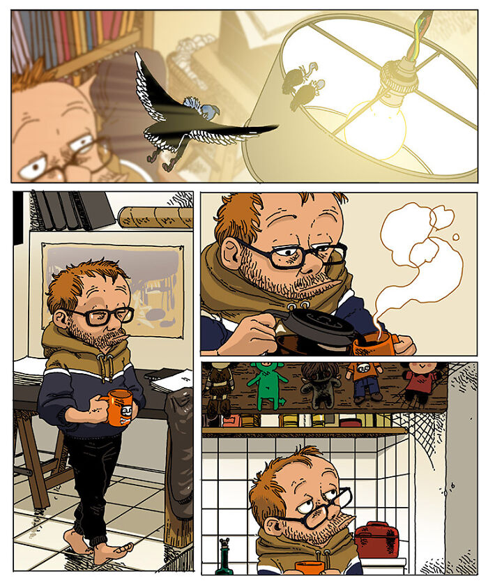 Comic panels showing a man with glasses making coffee and a small flying figure, capturing the chaos of kids and a busy brain.