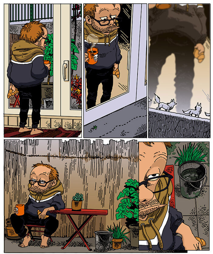 Boulet&rsquo;s daily life comic shows a man with a coffee capturing the chaos of kids, time, and an active brain.