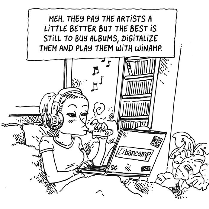 Black and white comic panel showing a person with headphones smoking and using a laptop about music and digital albums.