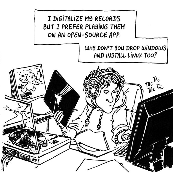 Black and white comic by Boulet showing a person digitizing records, capturing chaos of kids, time, and a restless brain.