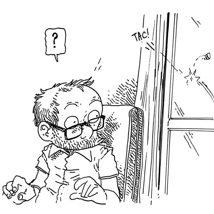 Black and white comic drawing from Boulet&rsquo;s daily life comics showing a man reacting to a noise outside the window.