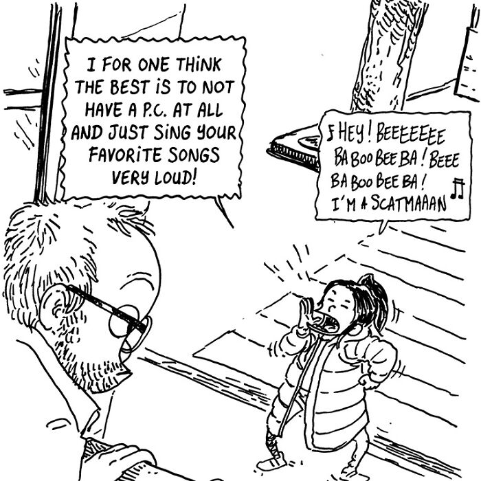 Boulet&rsquo;s daily life comics showing chaotic kids singing loudly and a tired parent coping with a busy brain.