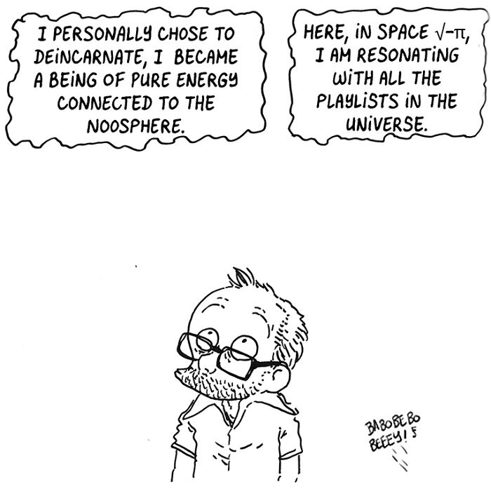 Comic by Boulet showing a man reflecting on energy and space, capturing the chaos of kids and a restless brain.