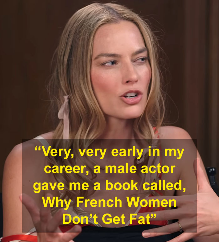 Margot Robbie speaking about a gift from a male actor that sparked women's collective fury in an interview setting.
