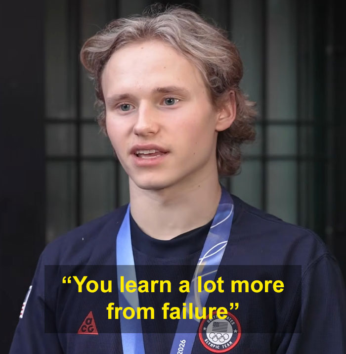 Young athlete Ilia Malinin wearing Olympic Team USA attire and medal, discussing learning from failure.