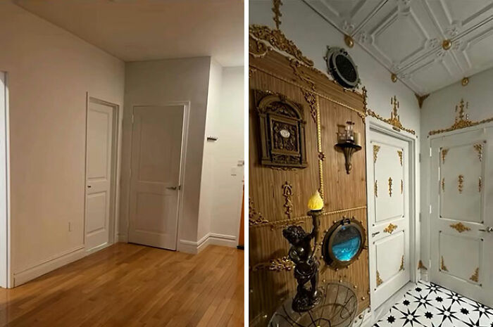 NYC apartment transformed by model into detailed Titanic movie set with vintage nautical decor and ornate wood paneling. NYC apartment transformed by model into detailed Titanic movie set with vintage nautical decor and ornate wood paneling.