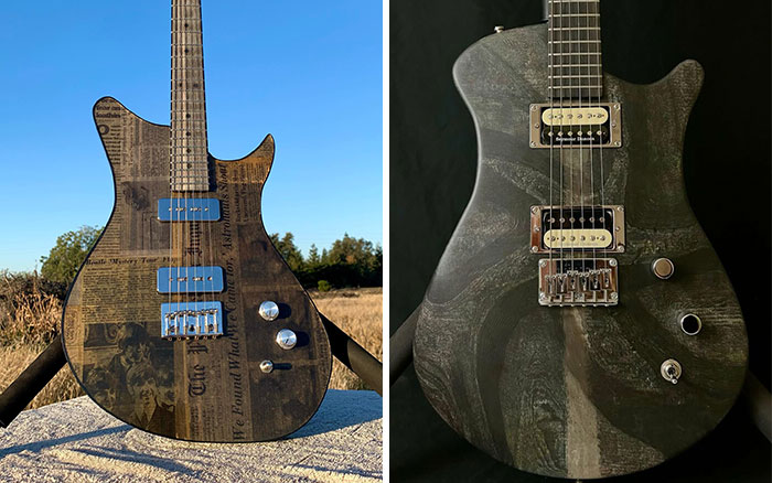 Electric guitars crafted using a 3D mold and stacks of newspapers showcasing unique textures and designs.