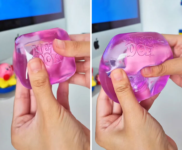 Hands holding a pink squishy toy related to a dangerous TikTok trend causing severe facial burns in a 9-year-old.