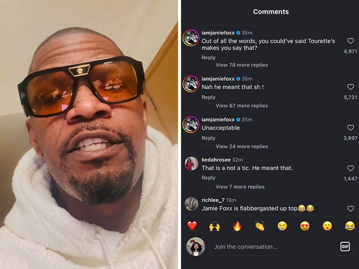 Jamie Foxx reacting in a video, wearing sunglasses and a hoodie, responding to comments about Michael B. Jordan incident.