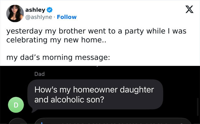 Screenshot of a funny X post featuring a humorous dad text message about his homeowner daughter and alcoholic son.