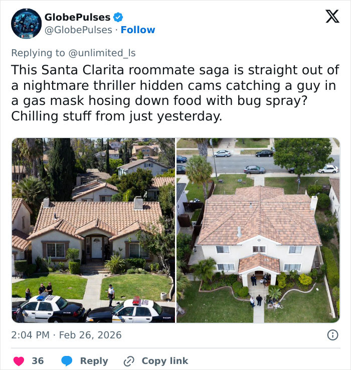 Aerial views of a suburban house with police cars and officers responding to a couple discovering roommate's horrifying acts on security footage. Aerial views of a suburban house with police cars and officers responding to a couple discovering roommate's horrifying acts on security footage.