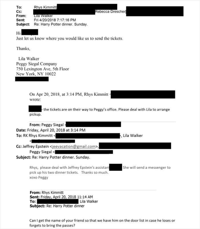 Email exchange about Harry Potter dinner tickets involving Jeffrey Epstein amid newly released Epstein documents.