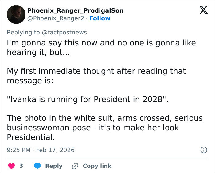 Tweet discussing Ivanka Trump's transformation and suggesting a presidential run in 2028, highlighting a businesswoman pose.