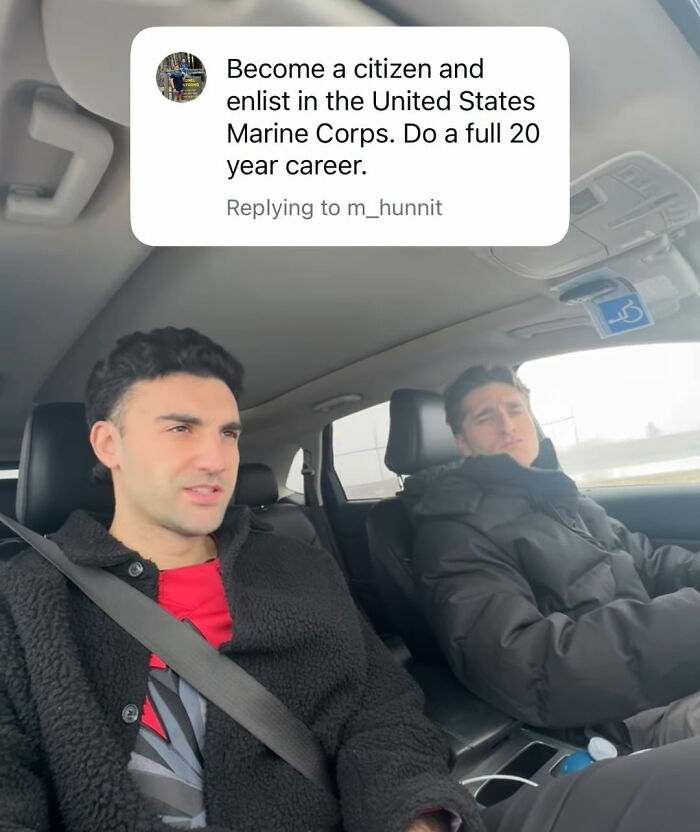 Two men sitting in a car with a caption about Canadian hockey fans' bold Olympic bet backfiring after USA wins gold.