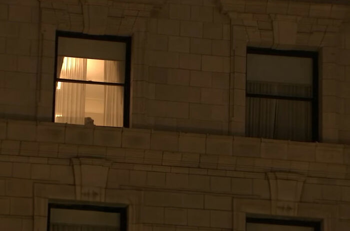 Window of a ritzy hotel at night with soft yellow light visible inside, relating to Tommy Lee Jones&rsquo; daughter&rsquo;s cause of passing.