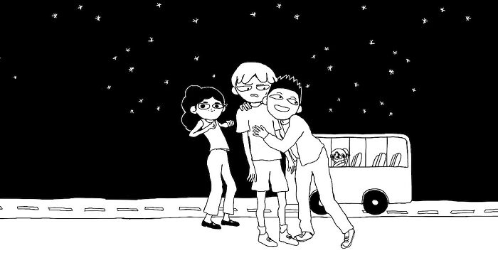 Three animated characters standing by a road at night with stars, a bus in the background, related to Netflix weekend releases.