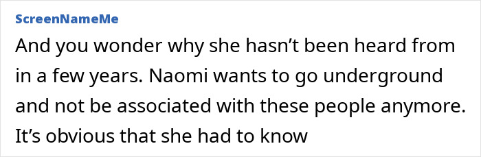 Comment discussing Naomi Campbell wanting to go underground amid Epstein files revealing Ghislaine Maxwell’s involvement.