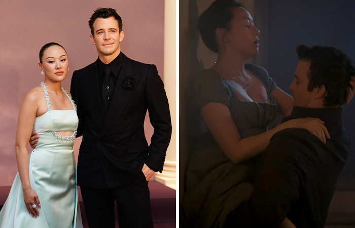 Olympian Jutta Leerdam posing at event in elegant dress alongside a man in black suit, highlighting ice event controversy.