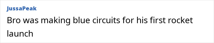 Screenshot of a social media post discussing blue circuits made for a first rocket launch.